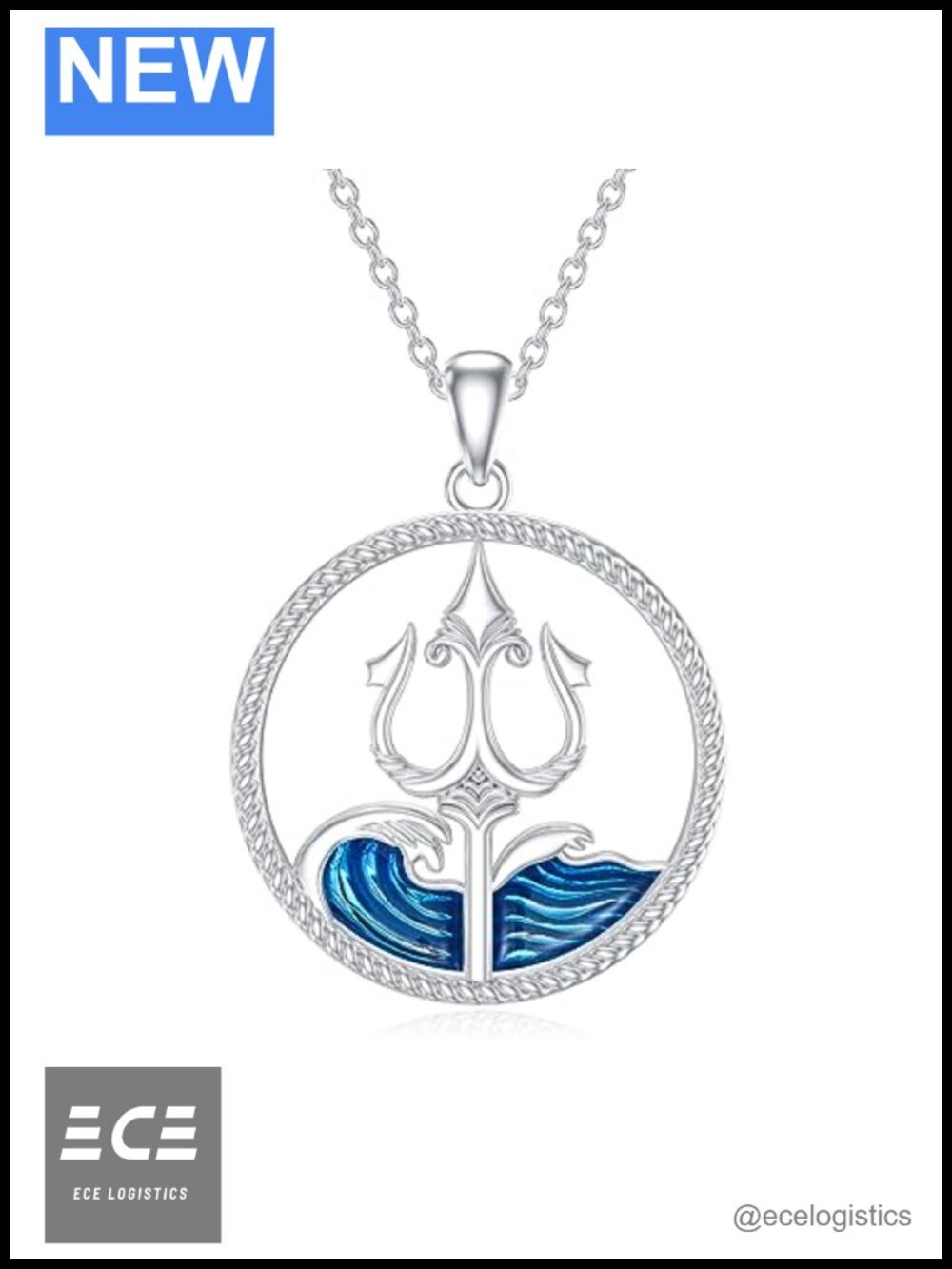 925 Sterling Silver Wave Trident Pendant Necklace Adjustable Chain Ocean
